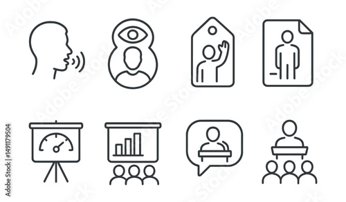 Line style icons of presentation delivery: speaking icon, eye contact badge, gesture tag, posture file, pace control board, audience engagement chart, effective delivery bubble, public speaking
