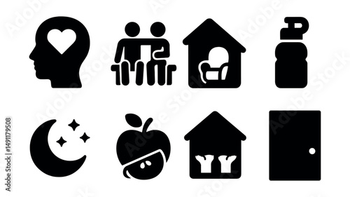 Solid style icons of student well-being: mental health heart, peer support, calm corner, water bottle, sleep icon, healthy snack, safe space icon, counseling door.