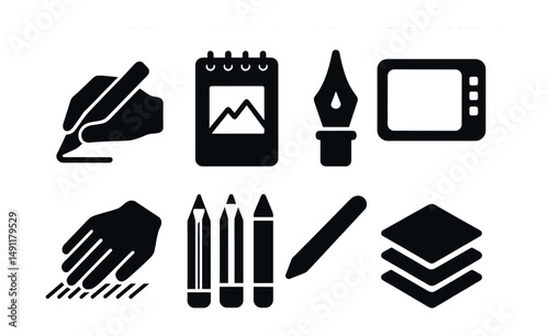 Solid style icons of drawing and illustration: hand drawing icon, line art pad, inking pen, digital tablet, stylus tool, shading hand, pencil set, illustration layers.