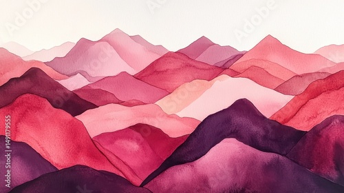 Tranquil Watercolor Mountains in Shades of Pink and Red Hues