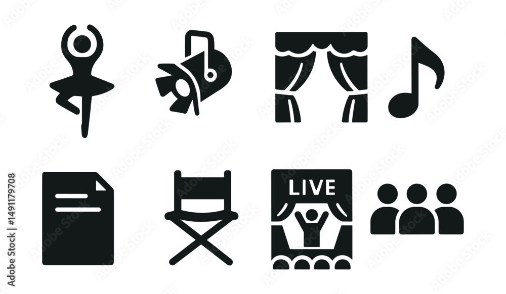 Solid style icons of performing arts: ballet dancer, stage spotlight, theater curtain, musical note, script page, director’s chair, live performance icon, ensemble symbol.