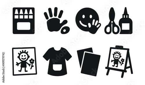 Solid style icons of performing arts: ballet dancer, stage spotlight, theater curtain, musical note, script page, director’s chair, live performance icon, ensemble symbol.