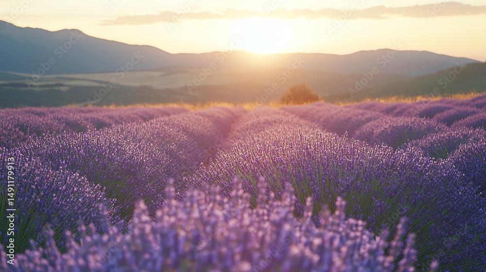 Fototapeta premium A vast, tranquil field of lavender extends to the horizon.