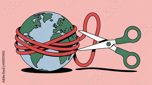Scissors labeled self advocacy are cutting red tape wrapped around planet earth, representing overcoming bureaucracy and global challenges through self empowerment and taking action