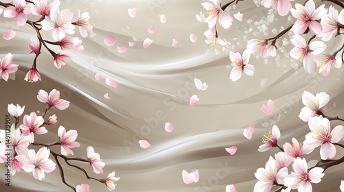 Elegant Pink Cherry Blossoms on Silk Fabric Background