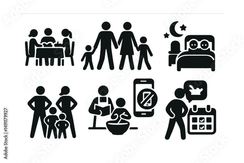 Solid style icons of healthy family routines: family dinner icon, group walk, morning routine chart, shared bedtime, screen limit rule, family fitness, recipe together, calendar planner.