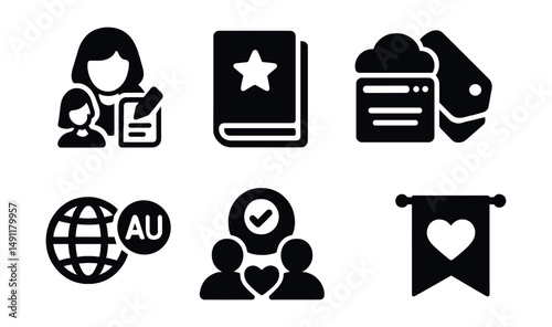 Solid style icons of fan fiction and fandoms: character rewrite icon, fanbook cover, online archive, tag cloud, AU world symbol, beta reader badge, community heart, fandom banner.