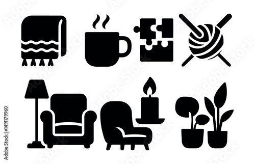 Solid style icons of indoor relaxation: cozy blanket, warm tea cup, jigsaw puzzle, knitting needles, reading nook, candlelight icon, soft chair, indoor plants.