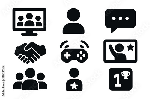 Solid style icons of social games and multiplayer: online lobby, avatar icon, chat bubble, co-op hand, shared controller, victory screen, team play icon, score rank.