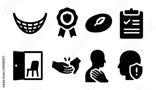 Solid style icons of trauma-informed care: safety net icon, trauma-sensitive badge, grounding object, coping plan, supportive space, trust-building icon, calm touch, response-ready.
