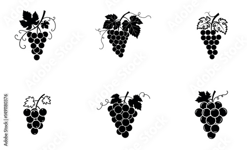 Six black silhouette grape clusters with leaves set for wine labels and designs