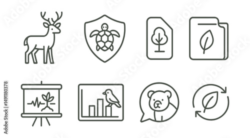 Line style icons of biodiversity conservation: wildlife icon, protected species badge, natural habitat tag, biodiversity file, ecosystem health board, species preservation chart, endangered species