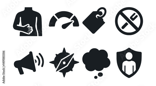 Solid style icons of intuitive eating: body cues icon, satisfaction meter, food freedom tag, no diet symbol, hunger signal, cravings compass, fullness bubble, trust body badge.