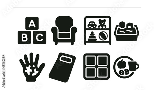Solid style icons of early childhood education: alphabet blocks, storytime chair, toy shelf, sensory bin, finger painting hand, nap mat, cubby icon, snack tray.