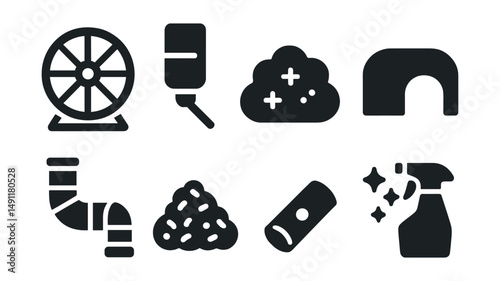 Solid style icons of small pet habitat needs: hamster wheel, cage water bottle, bedding icon, hiding hut, climbing tubes, food pellets, wooden chew, habitat clean icon.