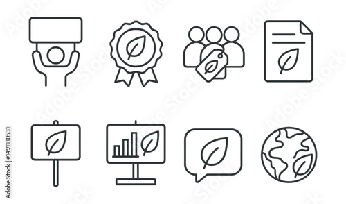 Line style icons of environmental activism: protest icon, green campaign badge, activist group tag, petition file, eco-protest board, environmental rally chart, activist speech bubble, eco-action