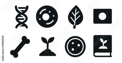 Solid style icons of biology: DNA strand, cell diagram, leaf structure, microscope slide, bone icon, plant growth, petri dish, biology book.