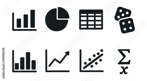 Solid style icons of data and statistics: bar chart, pie chart, data table, probability dice, histogram, graph trend, correlation plot, statistical formula.