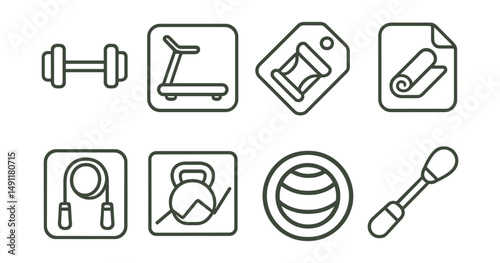 Line style icons of exercise equipment: dumbbell icon, treadmill badge, resistance band tag, yoga mat file, jump rope board, kettlebell chart, exercise ball bubble, fitness tool symbol.