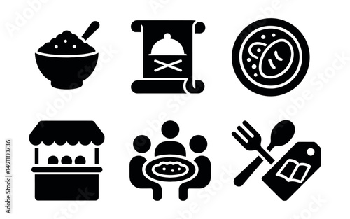Solid style icons of culinary culture: spice bowl, traditional recipe scroll, regional dish plate, cooking over fire, market food stall, shared meal icon, cultural utensil, food story tag.