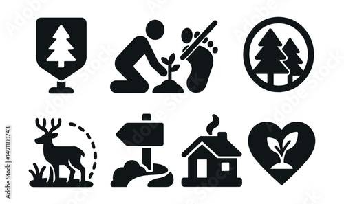 Solid style icons of nature protection: protected area sign, tree planting icon, “leave no trace” symbol, nature reserve badge, wildlife safe zone, eco trail, ranger station, conservation heart.