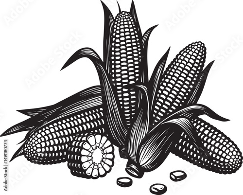 Three ears of corn in black and white line art style illustration