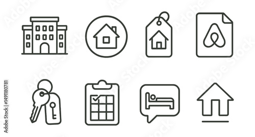 Line style icons of accommodation: hotel icon, guesthouse badge, vacation rental tag, Airbnb file, room key board, check-in chart, booked room bubble, stay symbol.