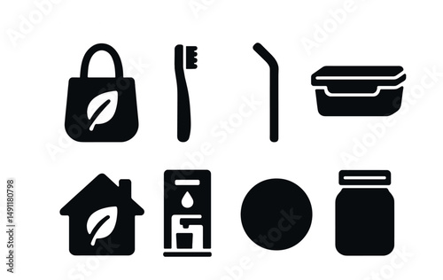 Solid style icons of sustainable living: reusable bag, bamboo toothbrush, metal straw, glass container, eco home icon, refill station, plastic-free badge, zero waste jar.