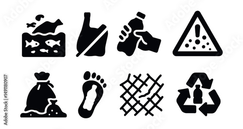 Solid style icons of plastic pollution: ocean plastic icon, single-use ban, bottle cleanup, microplastics alert, beach waste bag, plastic footprint, broken net, plastic recycling.