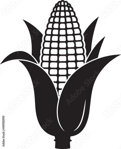 Black and white silhouette of an ear of corn with husk
