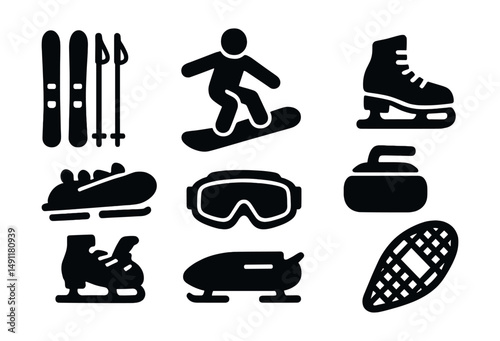 Solid style icons of winter sports: skis and poles, snowboarder, ice skates, hockey goal, bobsled icon, curling stone, snow goggles, snowshoe icon.
