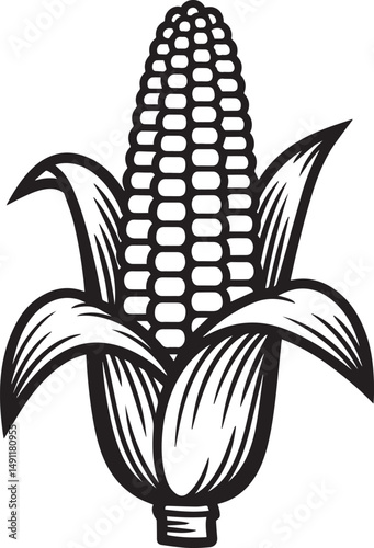 Black and white illustration of a corn cob with husks