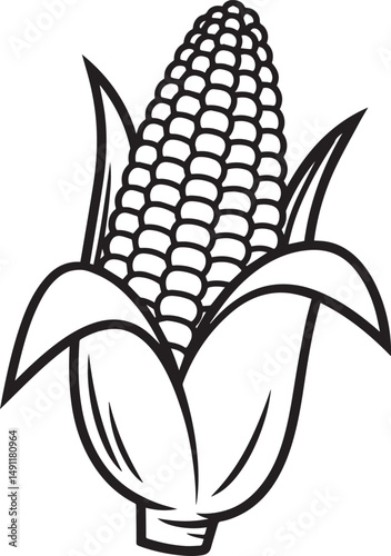 Black and white illustration of an ear of corn with husk