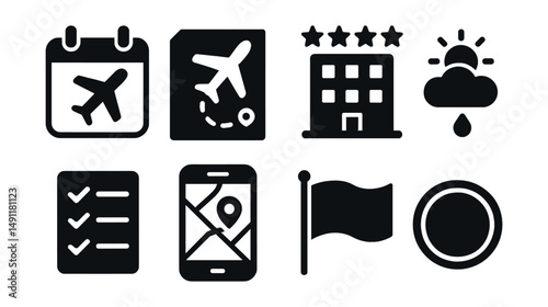 Solid style icons of travel planning: calendar with airplane, itinerary icon, hotel reservation, weather forecast, travel checklist, app with map, destination flag, local currency.