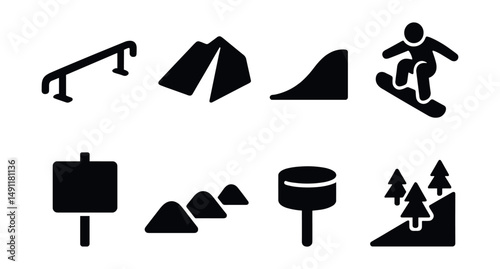 Solid style icons of snow park activities: snowboard rail, terrain feature, snow ramp, freestyle trick icon, park rules sign, jump line, safety pad, winter slope icon.