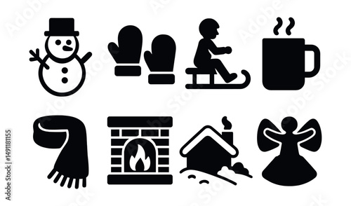 Solid style icons of winter break: snowman icon, mittens pair, sled ride, hot cocoa mug, snowflake scarf, fireplace icon, cabin in snow, snow angel.