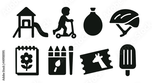 Solid style icons of kids’ vacation fun: playground icon, scooter ride, water balloon, bike helmet, drawing pad, coloring set, zoo ticket, popsicle icon.