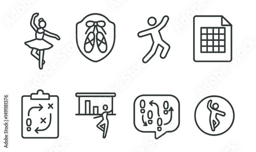 Line style icons of dance: ballerina icon, dance shoes badge, movement pose tag, dance floor file, choreography board, ballet bar chart, dance routine bubble, dance style symbol.