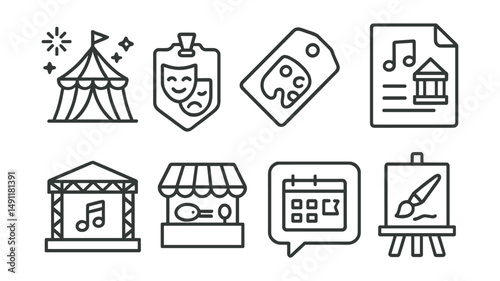 Line style icons of arts festivals: festival icon, performance badge, ticket tag, cultural event file, music stage board, food stall chart, festival schedule bubble, live art symbol.