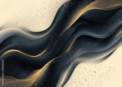 Abstract design with flowing, textured waves and shimmering gold details.