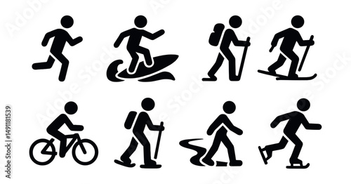 Solid style icons of seasonal sports: spring run, summer surf, autumn hike, winter ski, bike ride, snowshoeing icon, trail walk, skating rink.