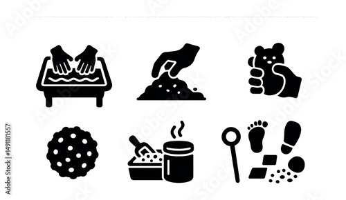 Solid style icons of sensory play: water tray, kinetic sand, texture ball, squishy toy, rice bin, scented dough, bubble wand, sensory path.