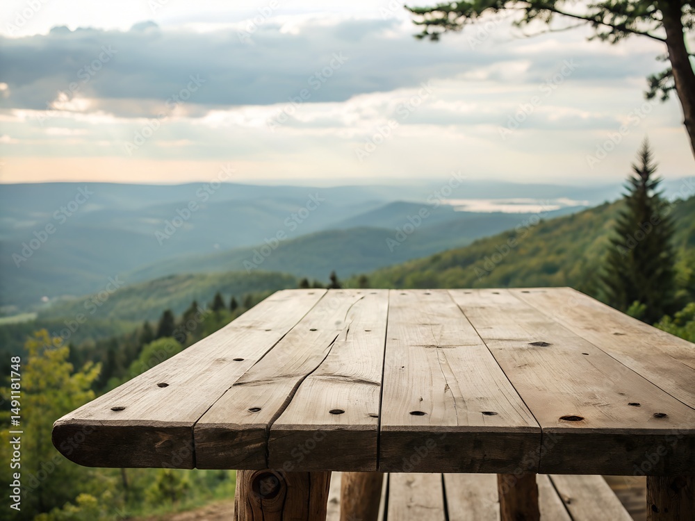 Fototapeta premium Wooden table on a mountain offers a scenic view of nature, sky, and lake for a relaxing outdoor picnic