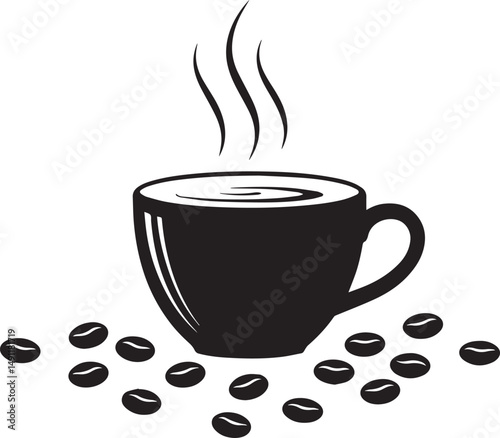 A steaming cup of coffee with scattered coffee beans illustration