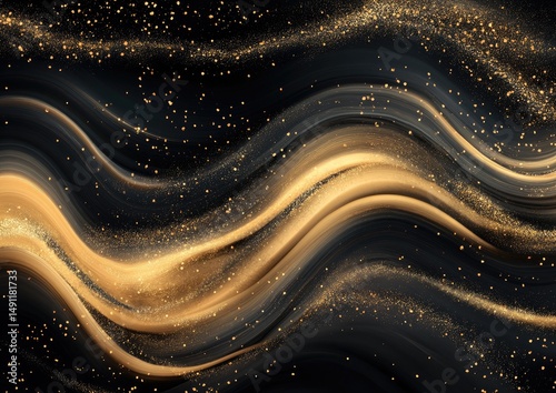 Abstract design with flowing golden streaks on a dark background.