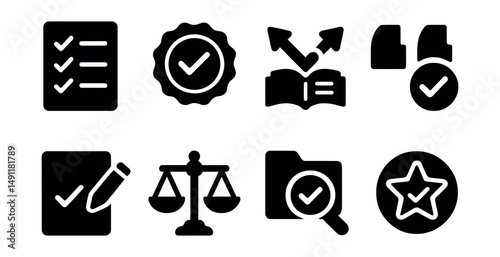 Solid style icons of fact-checking and accuracy: checklist icon, verified stamp, source cross-check, quote icon, correction note, truth symbol, research file, approved badge.