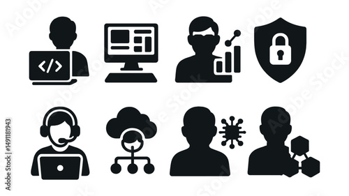 Solid style icons of tech and digital careers: software developer, UI/UX designer, data scientist, cybersecurity shield, IT support, cloud engineer, AI specialist, blockchain developer.