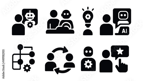 Solid style icons of collaborative AI: human-AI interaction, co-pilot icon, suggestion generator, AI-assist icon, decision support node, workflow helper, collaboration loop, feedback input.