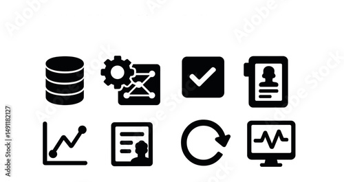 Solid style icons of model training lifecycle: data input, training loop, validation step, testing icon, performance metric, iteration cycle, deployment path, monitoring icon.
