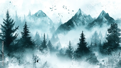 A misty mountain landscape with evergreen trees.
